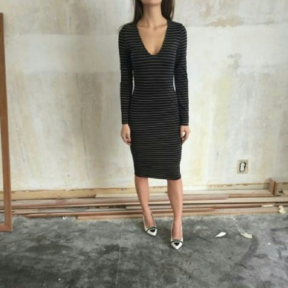 Zara Dresses & Skirts - Zara navy blue and beige striped bodycon dress